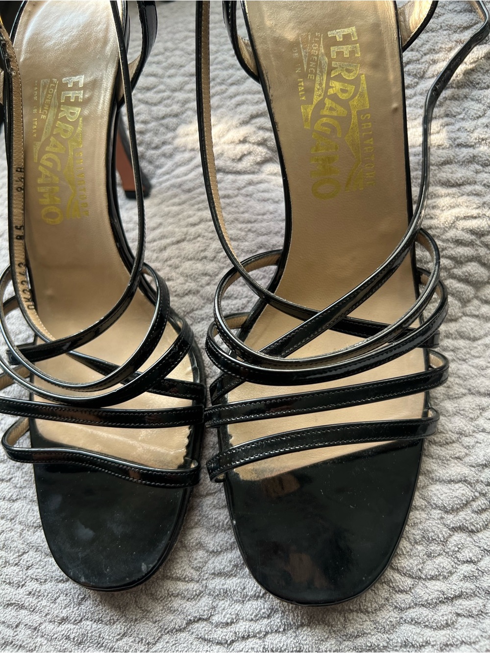 Salvatore Ferragamo Black Patent Strappy Heeled Sandals